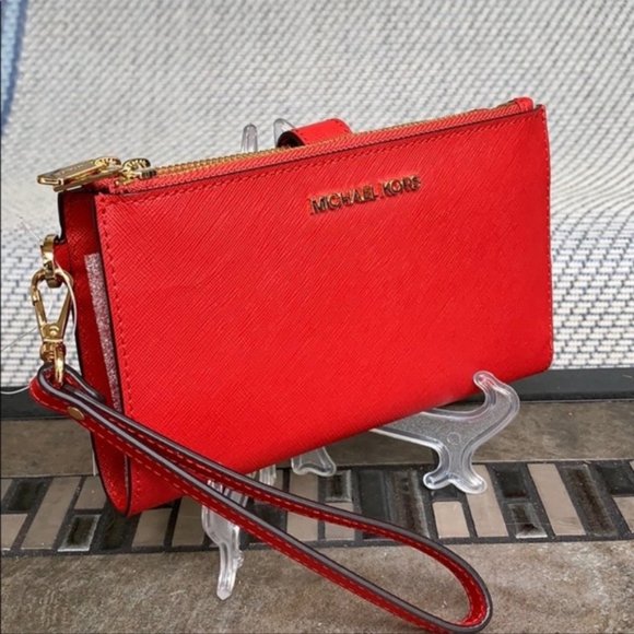 Michael Kors Jet Set Travel Large Double Zip Wallet Wristlet Leather Flame - Picture 1 of 14